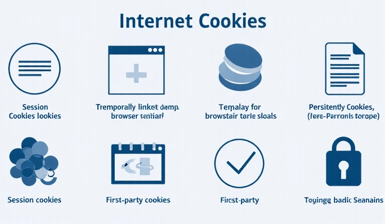 Diagram showing different types of cookies: session, persistent, first-party, third-party