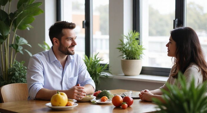 A nutritionist explaining holistic concepts to a client in a bright, modern office setting