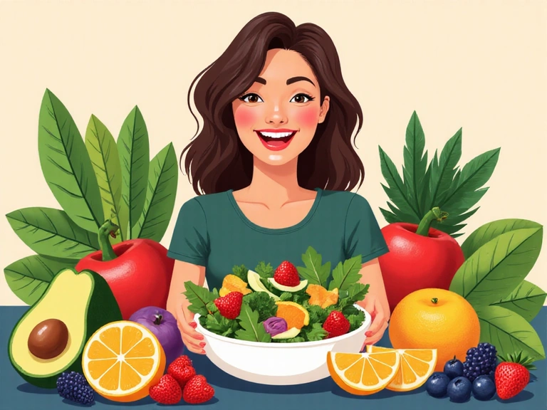 Illustration of a person happily eating healthy food, surrounded by fresh ingredients